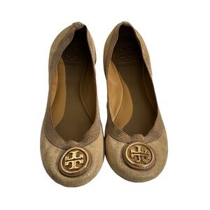 Tory Burch Caroline‎ 2 Elastic Metallic Ballet Flat Size 9.5